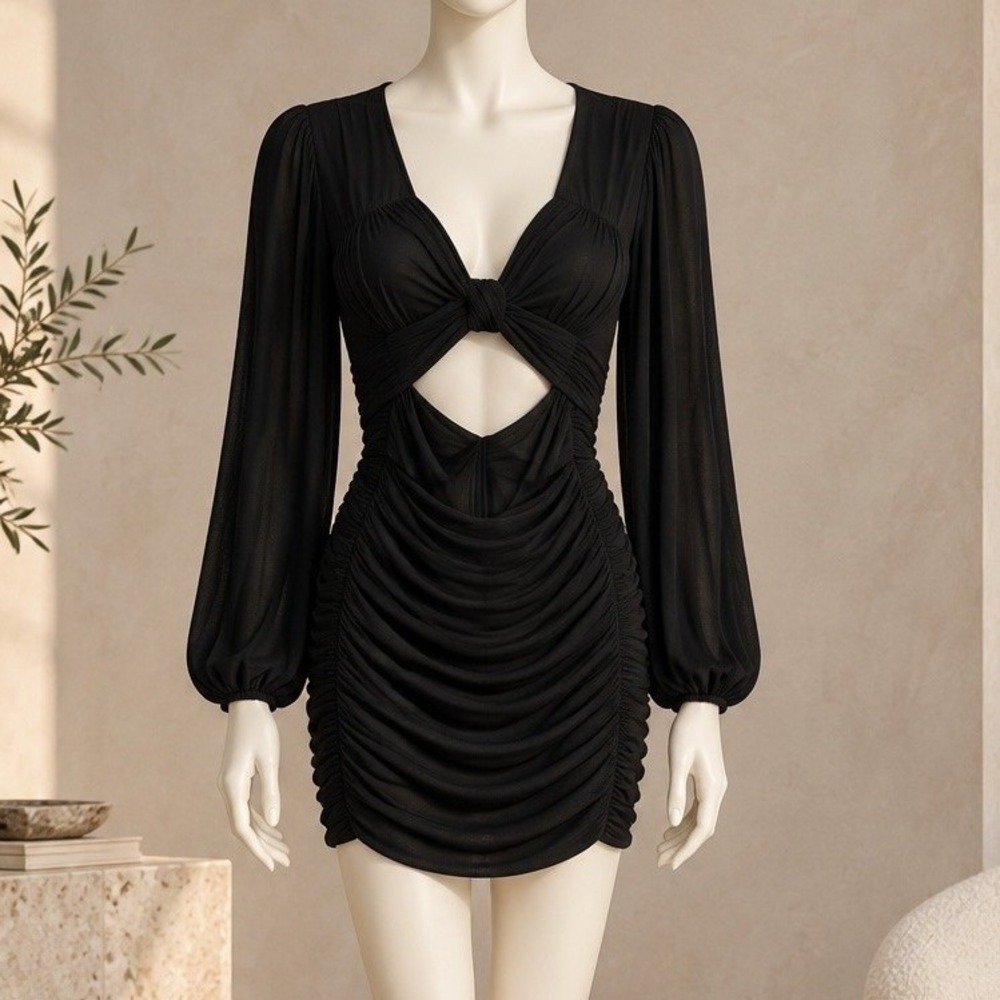 Rumor Womens Mini Dress Black Ruched Cutout Long Sleeve Size 10